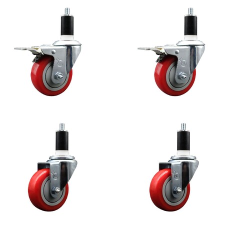Service Caster 3.5'' Red Poly Swivel 1-3/8'' Expanding Stem Caster Set 2 Total Lock Brakes, 4PK SCC-EXTTL20S3514-PPUB-RED-2-S-2-138